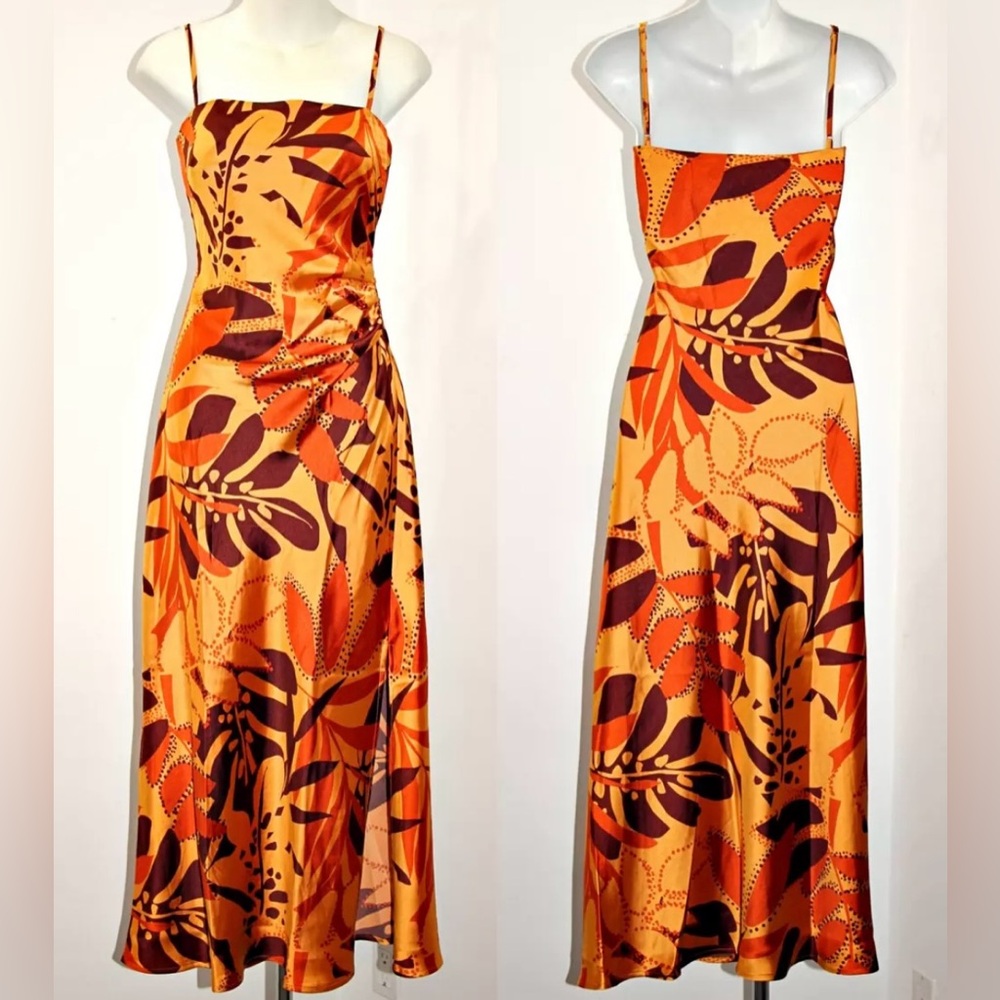 NWOT House of Harlow 1960 Ruched Folaige Print Satin Slip Dress Sz L